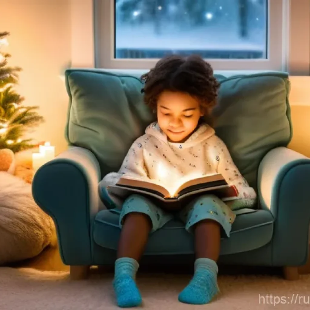 독서지도사 업무 일기 - A whimsical and cozy reading nook designed for a child, bathed in warm, soft light. A young child, a...