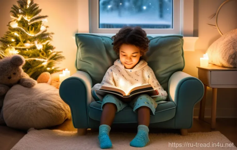 독서지도사 업무 일기 - A whimsical and cozy reading nook designed for a child, bathed in warm, soft light. A young child, a...