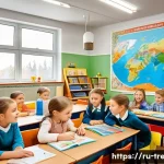 Home 22 독서지도사 실무에 필요한 스킬 - A warm and inviting classroom scene set in a modern Russian school, showing a diverse group of child...