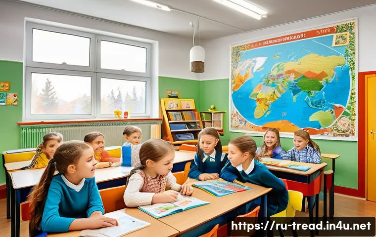 독서지도사 실무에 필요한 스킬 - A warm and inviting classroom scene set in a modern Russian school, showing a diverse group of child...
