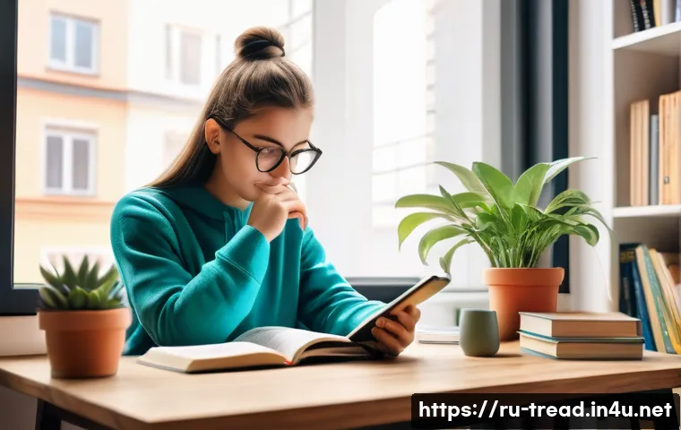 독서지도사 자격증 준비 추천 도구 - A cozy modern study room scene with a young Russian adult using a smartphone app for reading skills ...