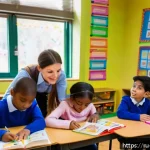 Home 18 독서지도사와 독서치료사의 차이 - A warm, inviting classroom scene featuring a diverse group of children aged 7-10 sitting at desks, a...