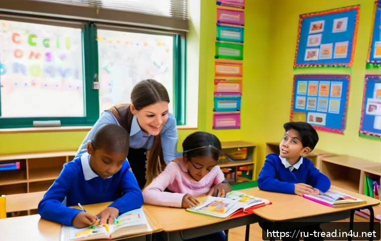 독서지도사와 독서치료사의 차이 - A warm, inviting classroom scene featuring a diverse group of children aged 7-10 sitting at desks, a...