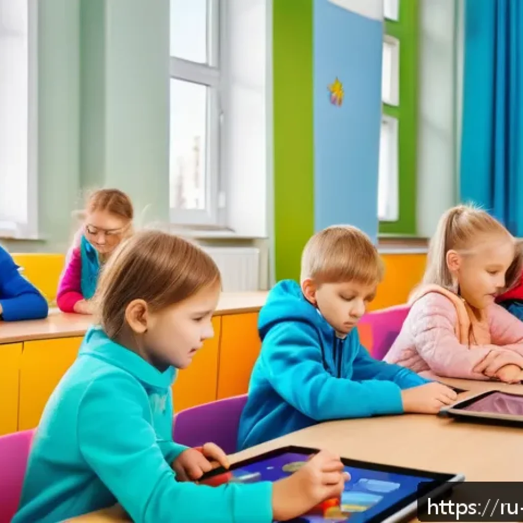 독서지도사 창업 아이디어 - A modern classroom scene in Russia featuring young children aged 6-8 wearing colorful casual clothes...
