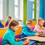 Home 23 독서지도사 창업 아이디어 - A modern classroom scene in Russia featuring young children aged 6-8 wearing colorful casual clothes...