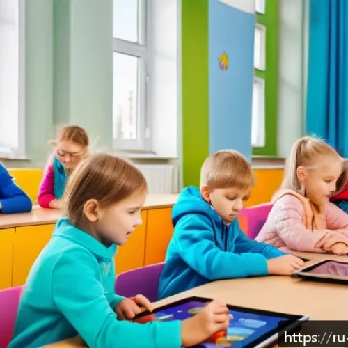 Home 17 독서지도사 창업 아이디어 - A modern classroom scene in Russia featuring young children aged 6-8 wearing colorful casual clothes...