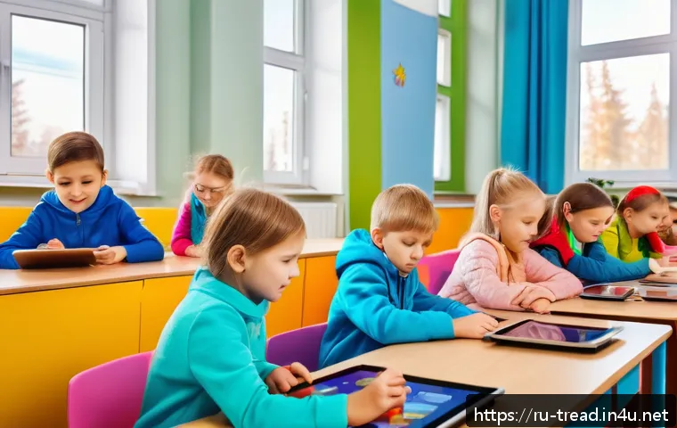 독서지도사 창업 아이디어 - A modern classroom scene in Russia featuring young children aged 6-8 wearing colorful casual clothes...